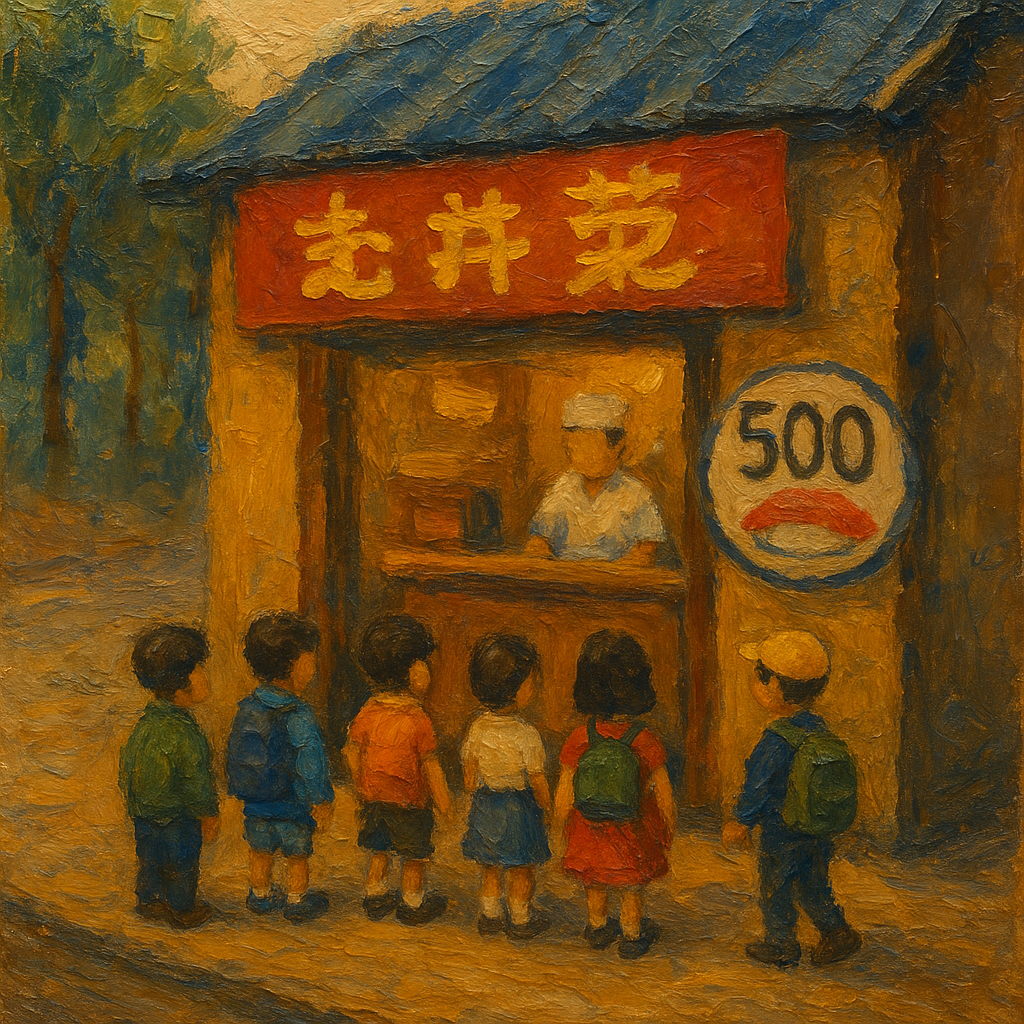 아이들이 500원으로 따뜻한 초밥을 먹으러 줄 서는 모습