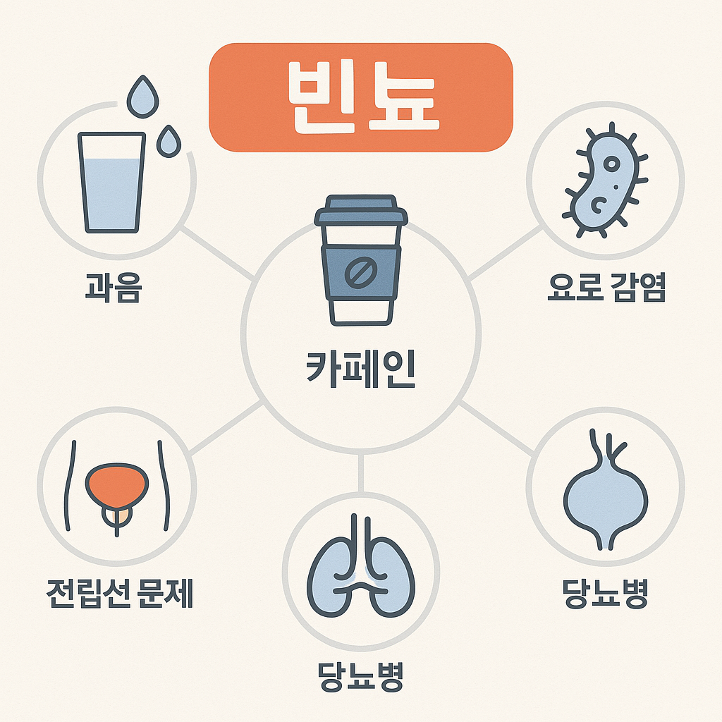 빈뇨의 5가지 주요 원인을 나타낸 도식 이미지 - 수분섭취, 카페인, 방광염, 당뇨, 전립선