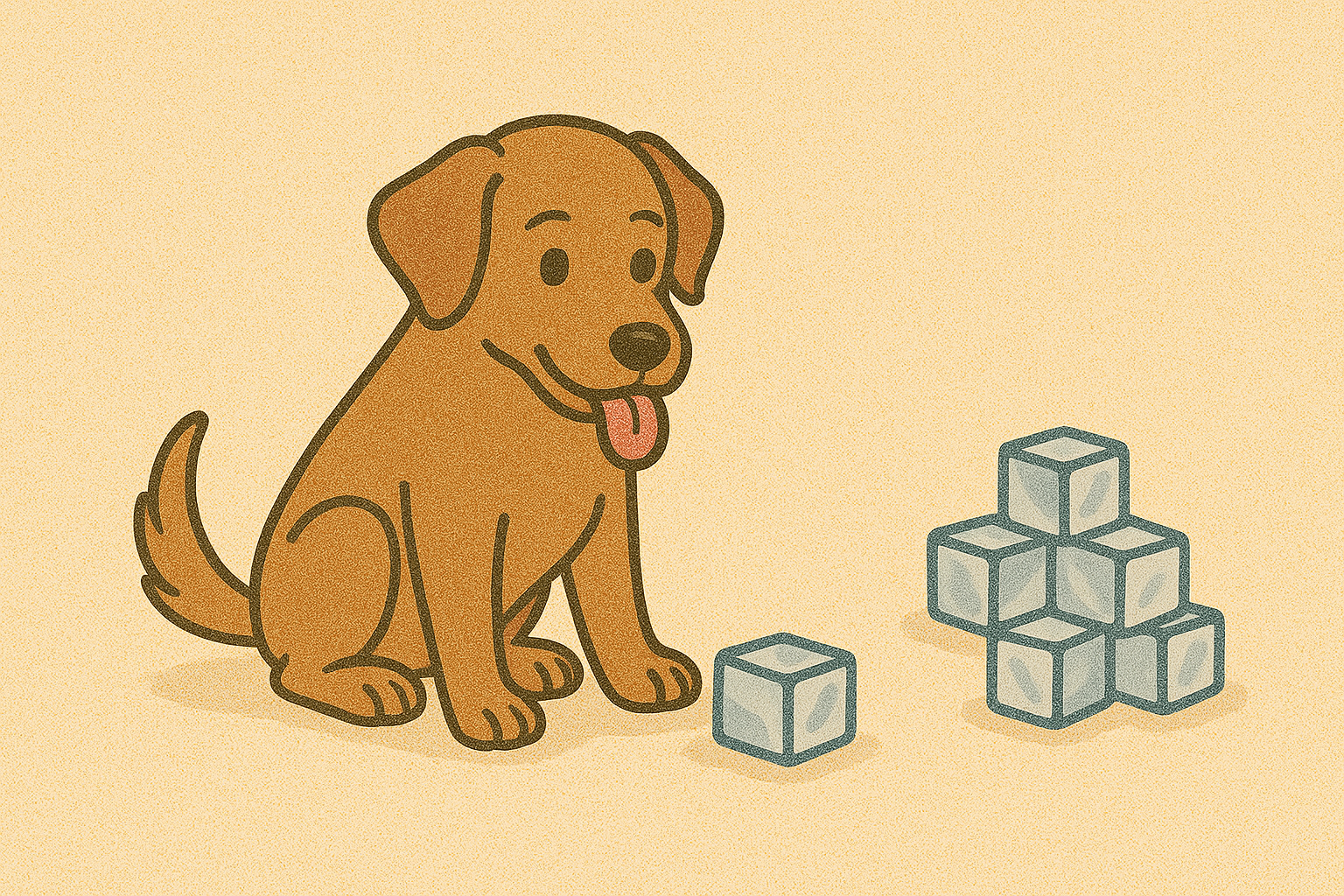 강아지가 앉아서 얼음을 보며 혀를 내밀고 있다.