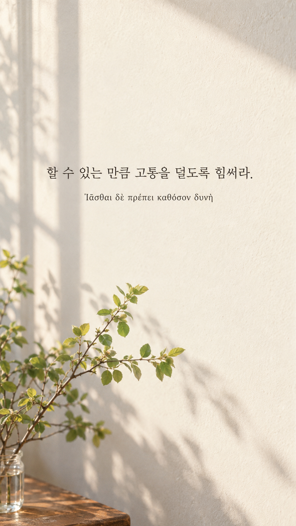 피타고라스 전통 황금시 12 할 수 있는 만큼 고통을 덜도록 힘써라. 연둣빛 새잎이 돋는 작은 가지 배경의 한글&middot;그리스어 세로 이미지