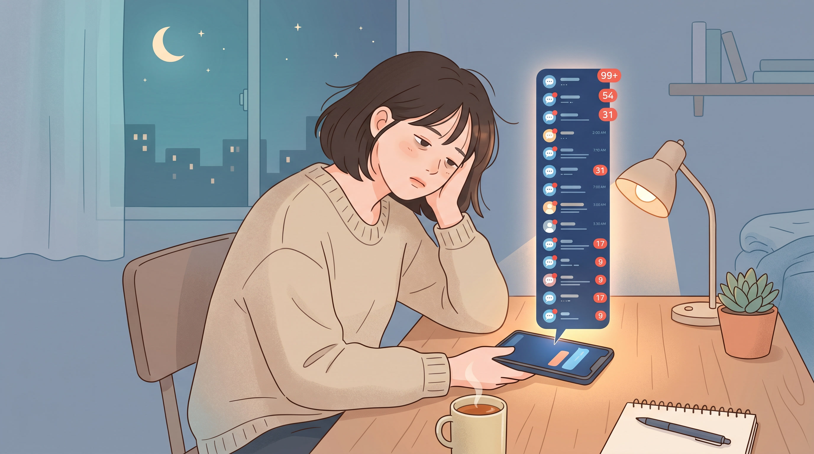 답장이 늦는 사람의 심리를 표현한 감성 일러스트