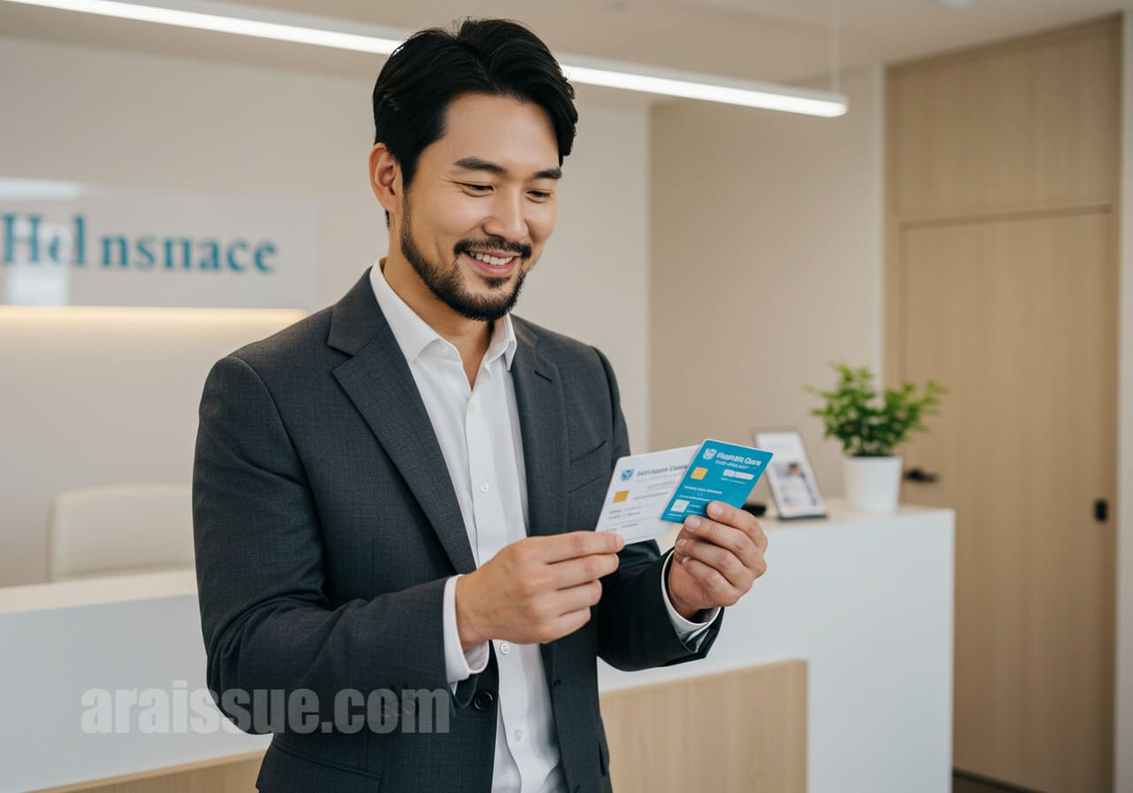 중년 한국 남성이 건강보험증과 실손보험증을 양손에 들고 혜택을 비교하는 장면. 배경은 병원 상담실이며, 표정은 밝고 계획적인 느낌이다.