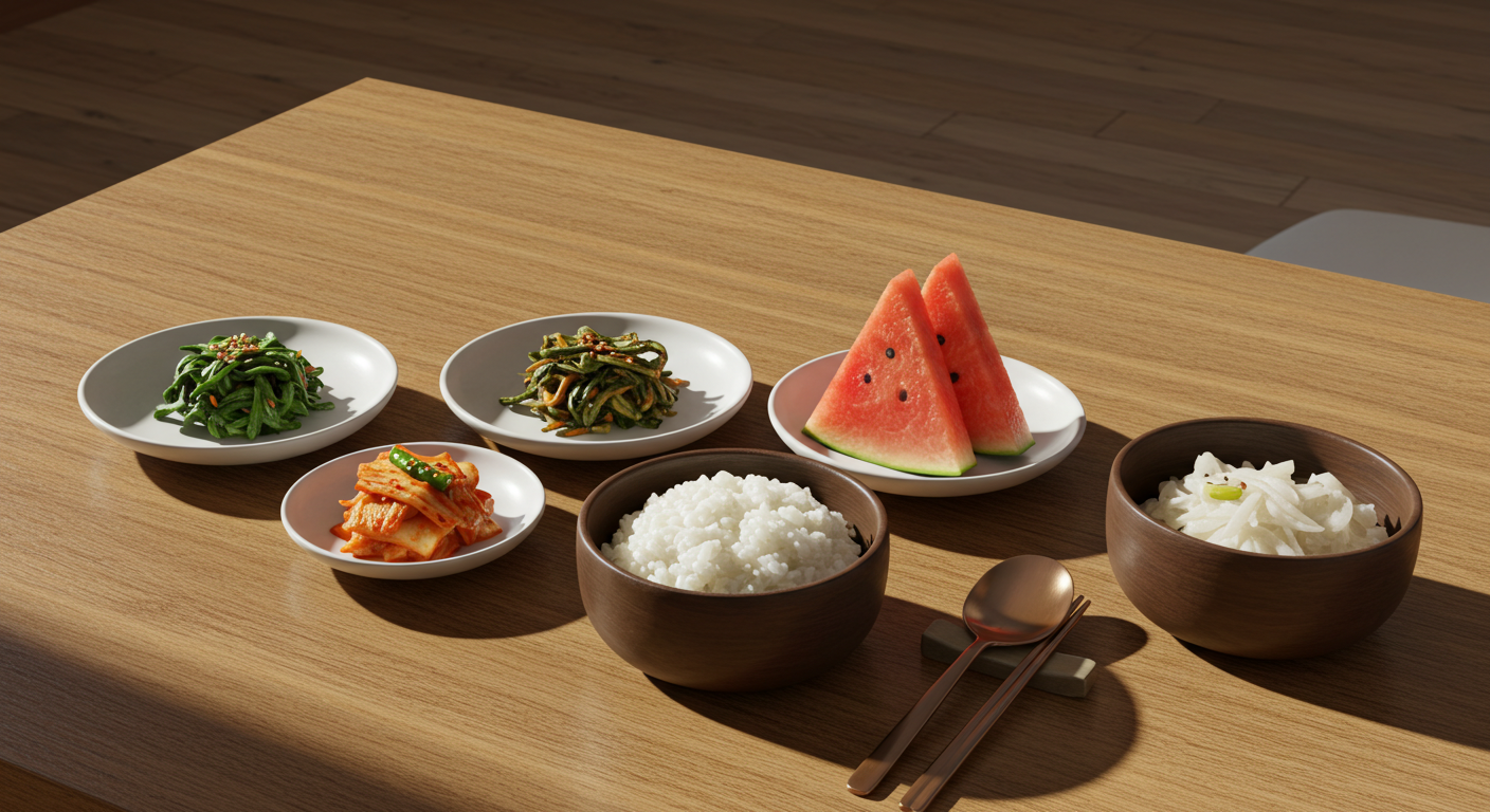 봄나물, 여름 수박, 가을 곡식, 겨울 무로 요리한 무채볶음이 함께 놓인 상차림