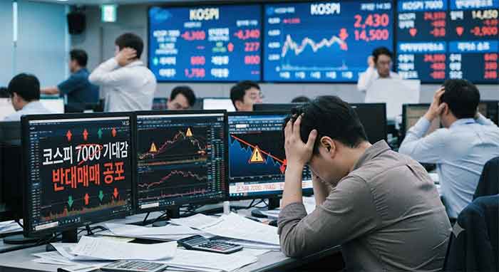 하락하는 증시와 고뇌하는 투자자 모습.