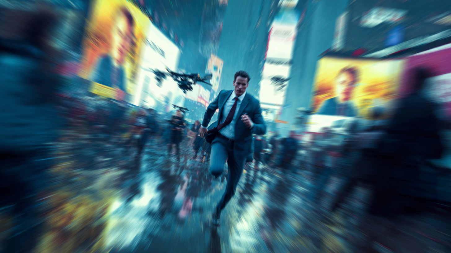 도심 속 도주 장면, 드론&middot;헬리콥터 추적, 그리고 대형 전광판에 얼굴이 노출되는 이미지를 통해 정보 사회에서 개인이 탈출할 수 없는 상황을 극적으로 보여주는 장면.