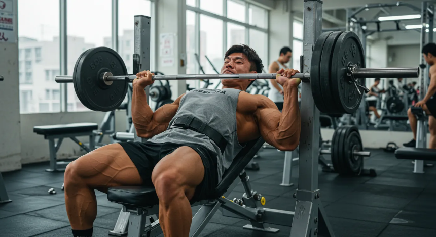 헬스장에서 인클라인 벤치프레스를 하고있는 남성 이미지