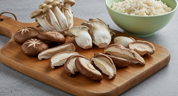 표고버섯, 느타리버섯이 도마 위에 놓여 있다.