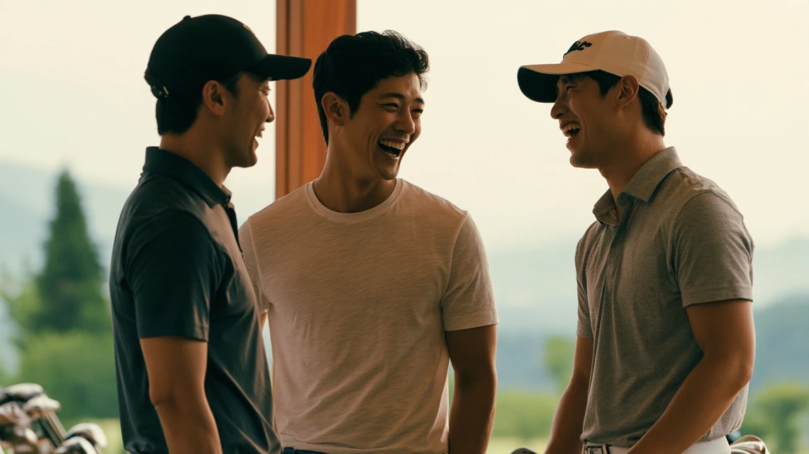 골프 라운드 중 분위기를 풀며 대화하는 모임원들