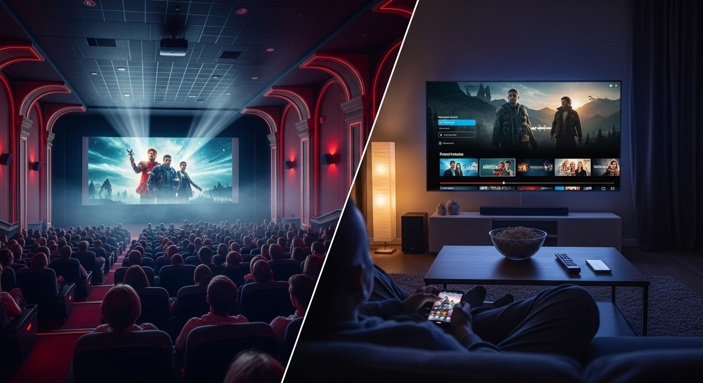 왼쪽은 영화관, 오른쪽은 OTT 시청 장면