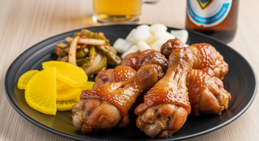 닭봉 조림과 무 피클 또는 양파 장아찌 같은 반찬이 곁들여진 차림 접시