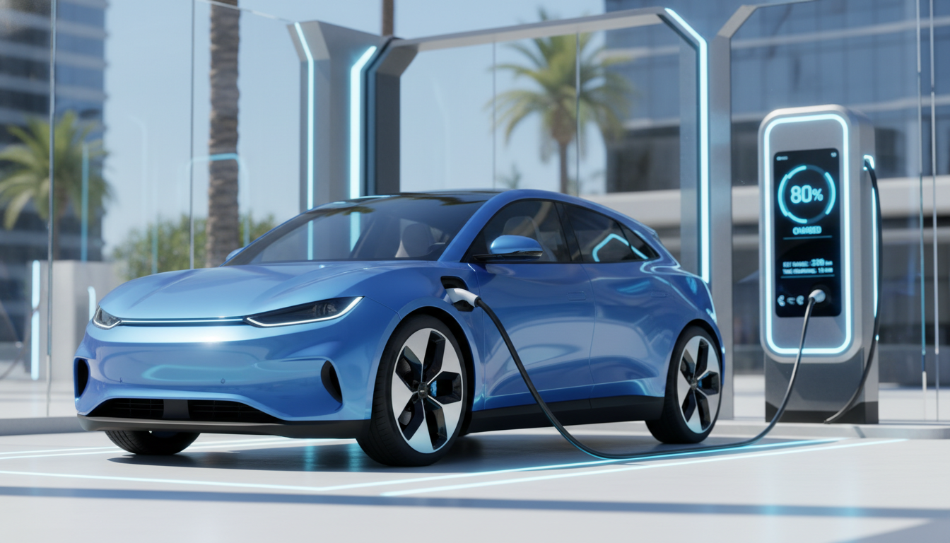 깔끔하고 현대적인 충전소에서 고속 충전 중인 볼보 EX30 전기차의 모습