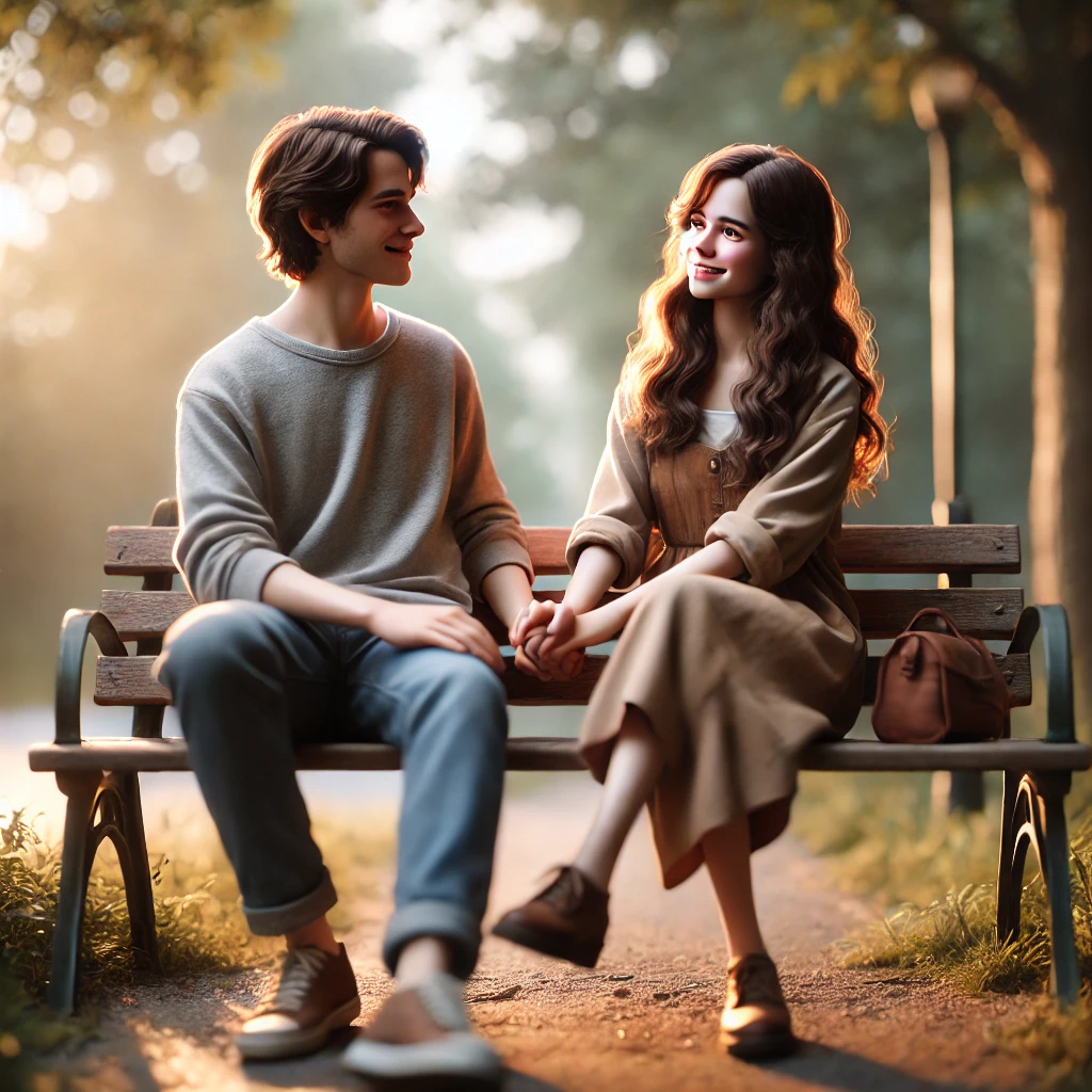 벤치에 앉아 손을 잡고 따뜻한 미소를 짓는 커플