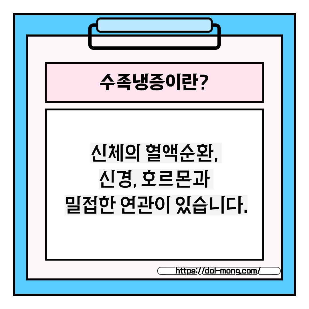 수족냉증은 신체의 혈액순환이나 신경, 호르몬 문제와 밀접하게 연관되어 있습니다.