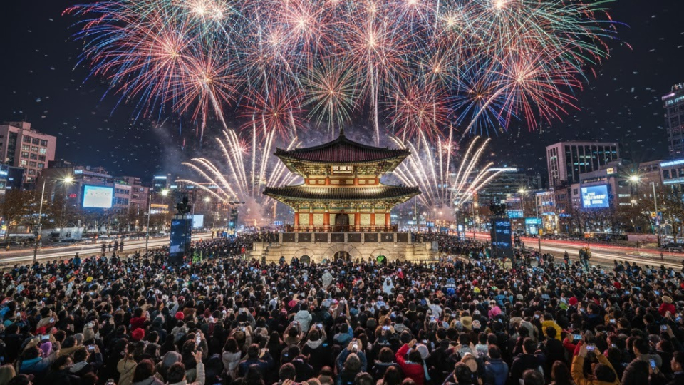 화려한 불꽃놀이가 펼쳐지는 서울 보신각 새해 카운트다운 현장의 활기찬 전경