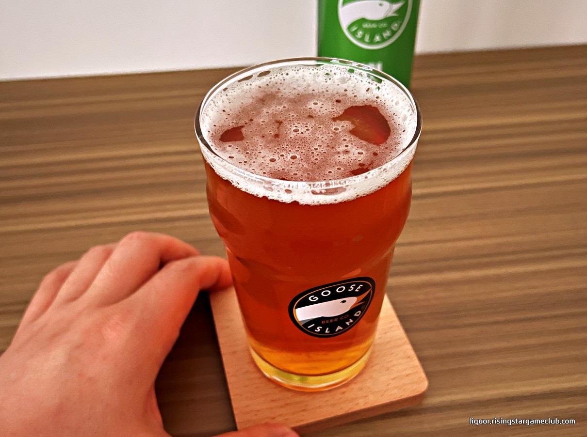 구스 아일랜드(Goose Island) IPA 맥주의 짙은 호박색과 거품