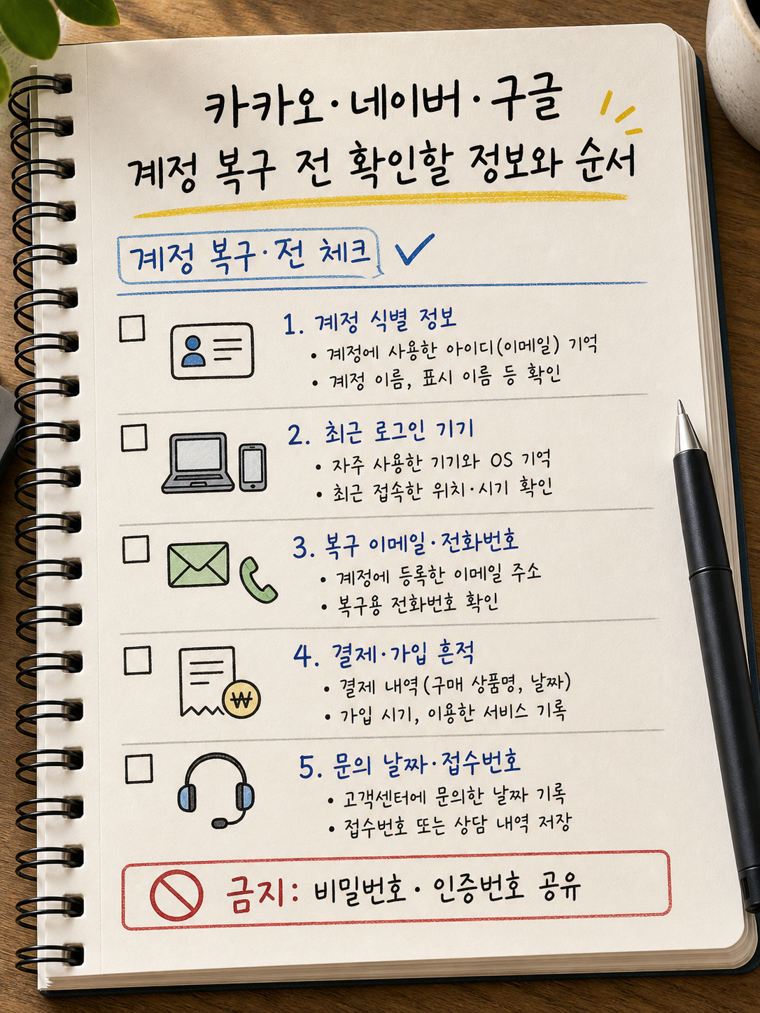 카카오 네이버 구글 계정 복구 전 확인할 정보와 순서를 요약한 노트형 인포그래픽