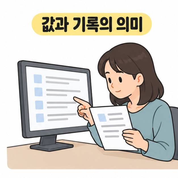 값과 기록의 의미 제목 아래 자료를 들고 컴퓨터 화면의 한 항목을 가리키는 여성