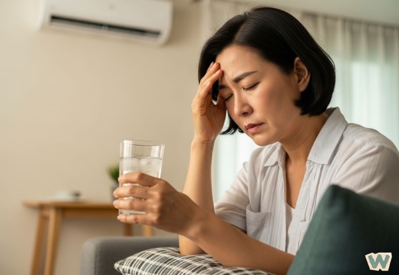 흰색 셔츠를 입은 중년 여성이 물잔을 들고 이마에 손을 대며 두통이나 피로감으로 고생하는 모습, 에어컨이 보이는 실내 환경 via canva