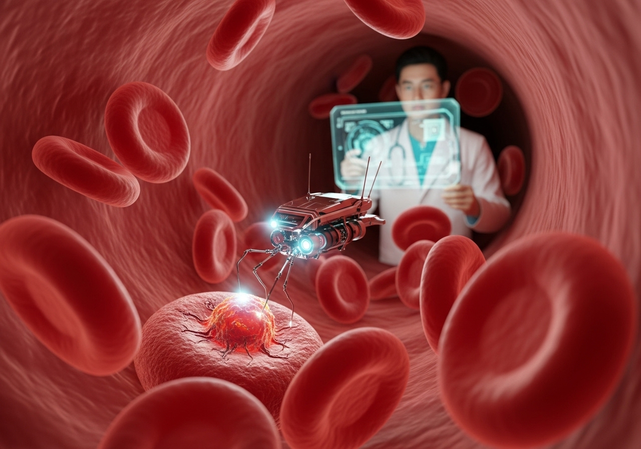 nanorobot navigating through red blood cells.