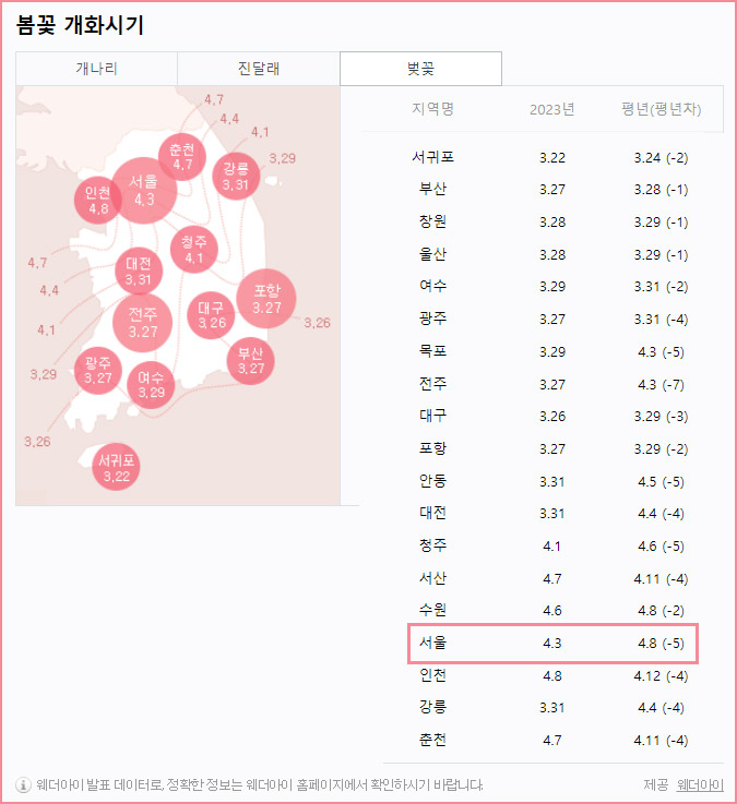 전국 벚꽃 개화시기가 나와있는 이미지