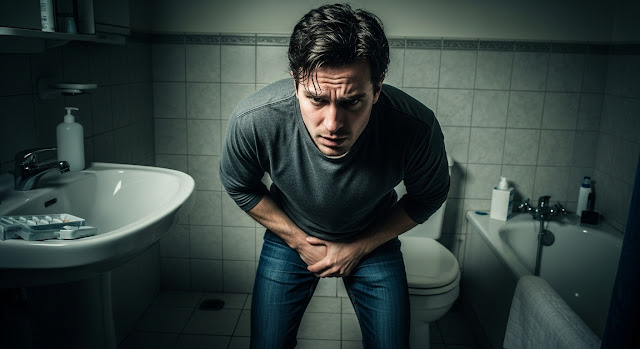 소변이 잘 안 나와 아픈 표정 하는 남자
