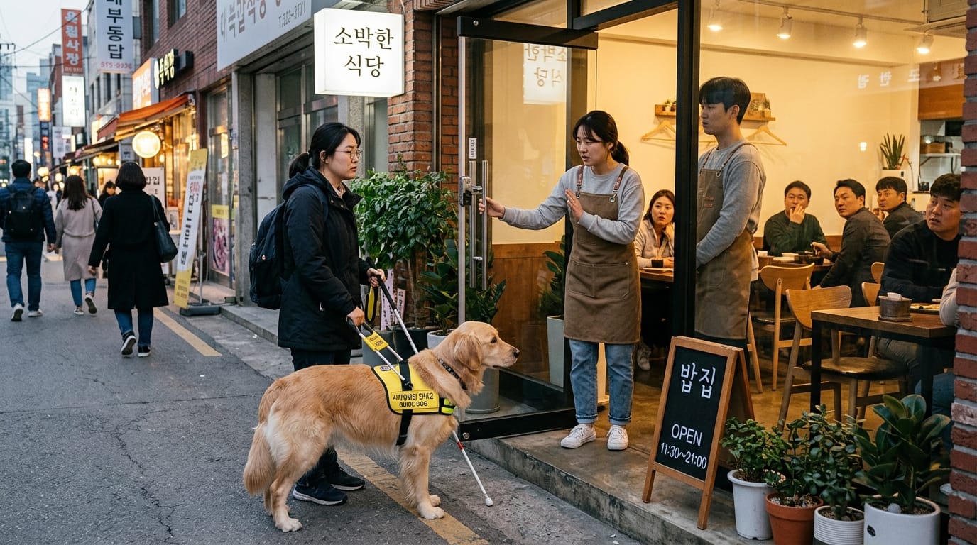 식당 문 앞에서 안내견과 함께 출입을 거부당하는 시각장애인