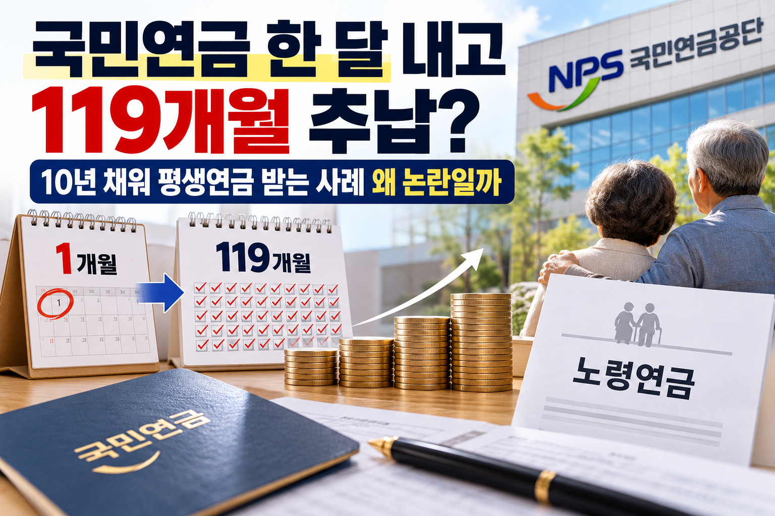 국민연금 한 달 납부 후 119개월 추납으로 가입기간 10년을 채우는 사례를 표현한 이미지