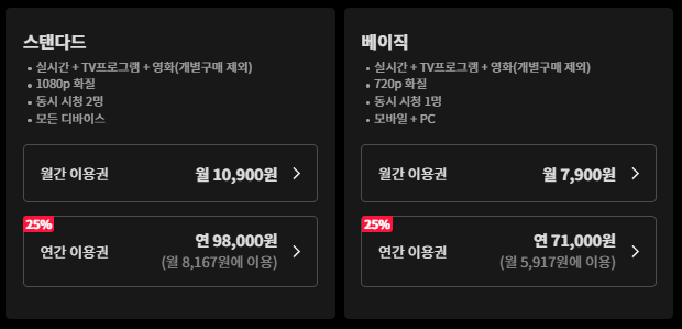 티빙 pc에서 구입 시 가격