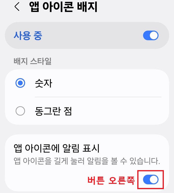 앱 아이콘에 알림 표시 메뉴 버튼 오른쪽으로 되어있음