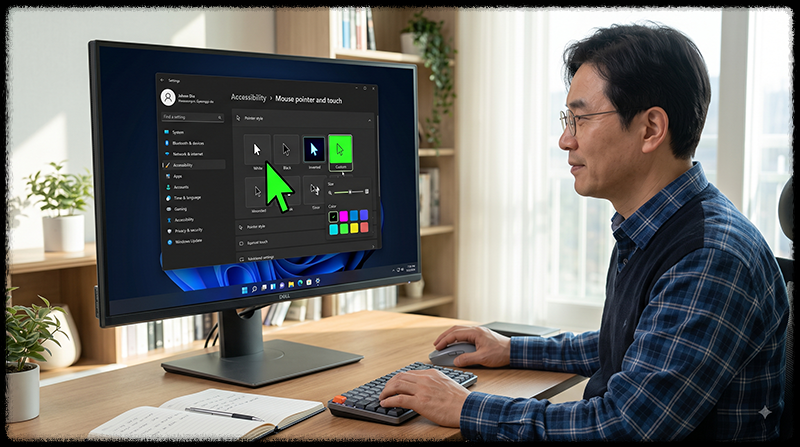 Windows 11에서 마우스 포인터 크기와 색상을 변경해 가독성을 높이는 모습