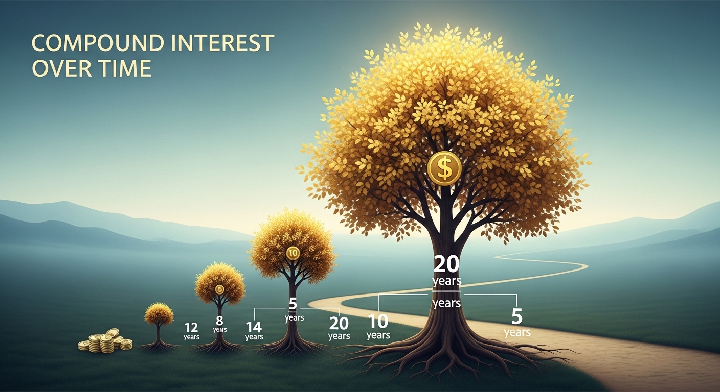 시간이 지남에 따라 복리 효과로 자산이 기하급수적으로 증가하는 모습을 시각화한 그림
