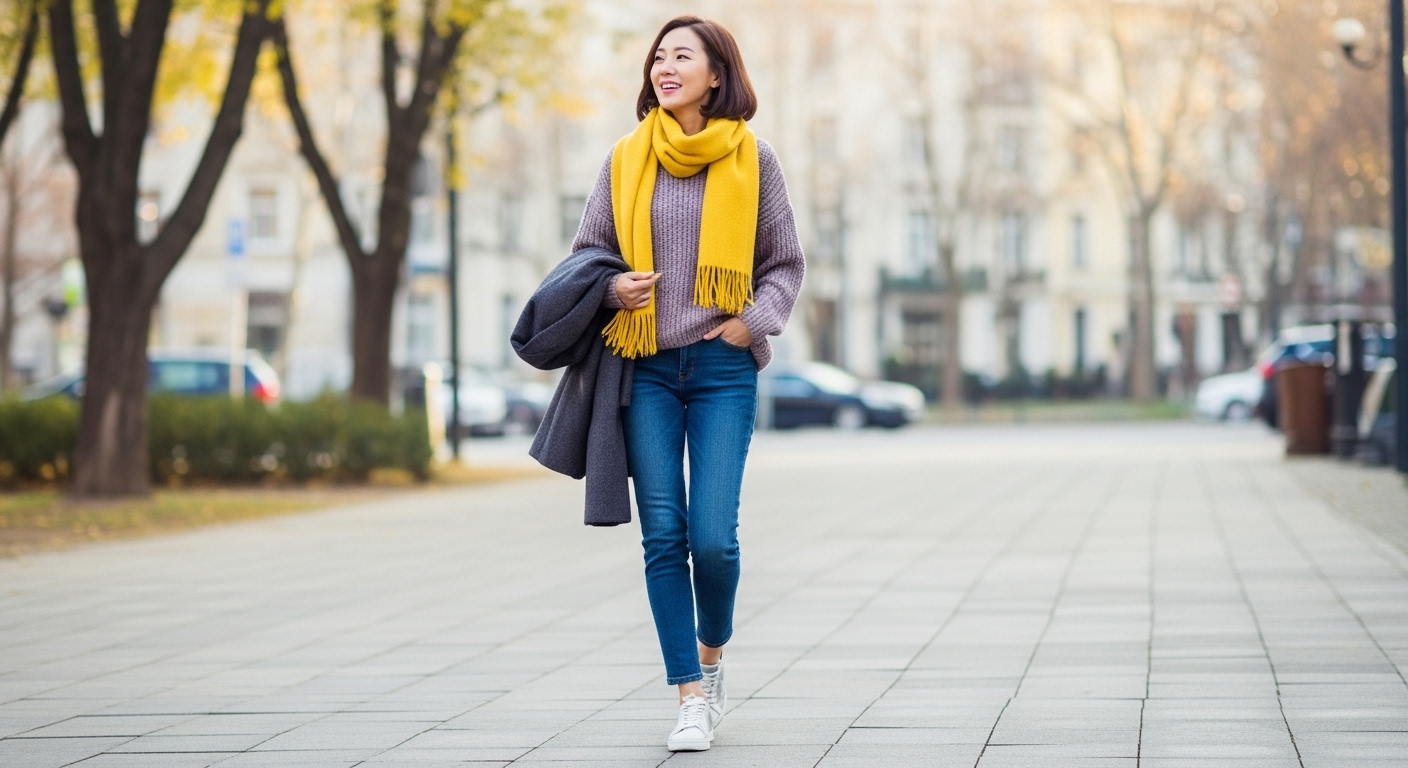2025 겨울 주말 스마트 캐주얼룩. 니트와 청바지, 스니커즈를 매치하고 스카프로 포인트를 준 여성.