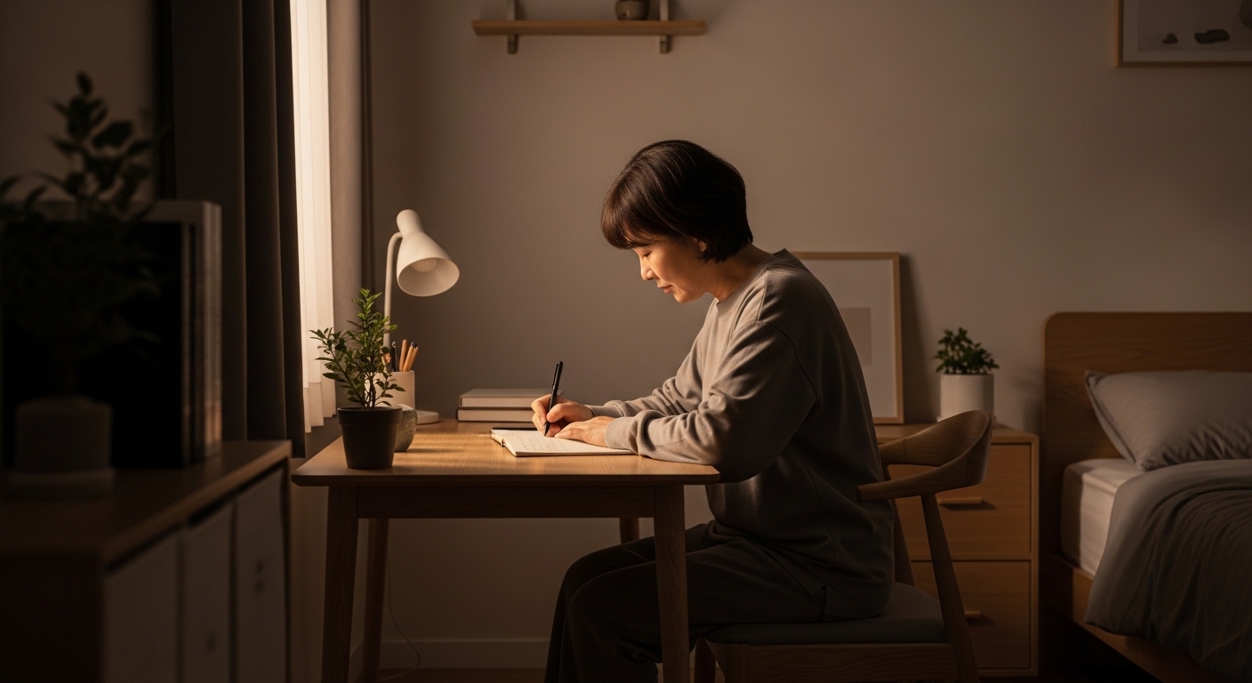 저녁 조명 아래 하루를 정리하는 50대의 차분한 순간