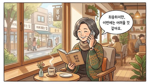 카페에서 전화로 부드럽게 거절하는 50대의 여인 만화 이미지