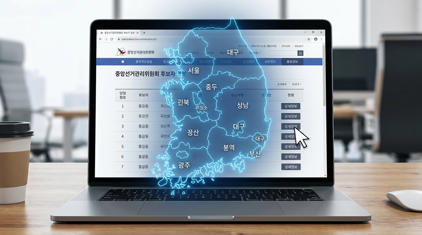 온라인 포털을 통해 우리 동네 지방선거 후보자 명단을 조회하는 화면