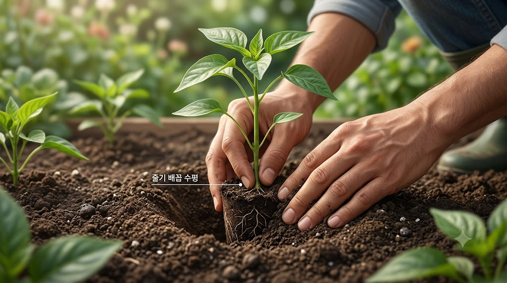 모종삽으로 판 구덩이에 모종을 얹고 포트 상토 윗면과 밭 표면을 평평하게 맞추는 섬세한 손동작 하이퍼 리얼리스틱 일러스트