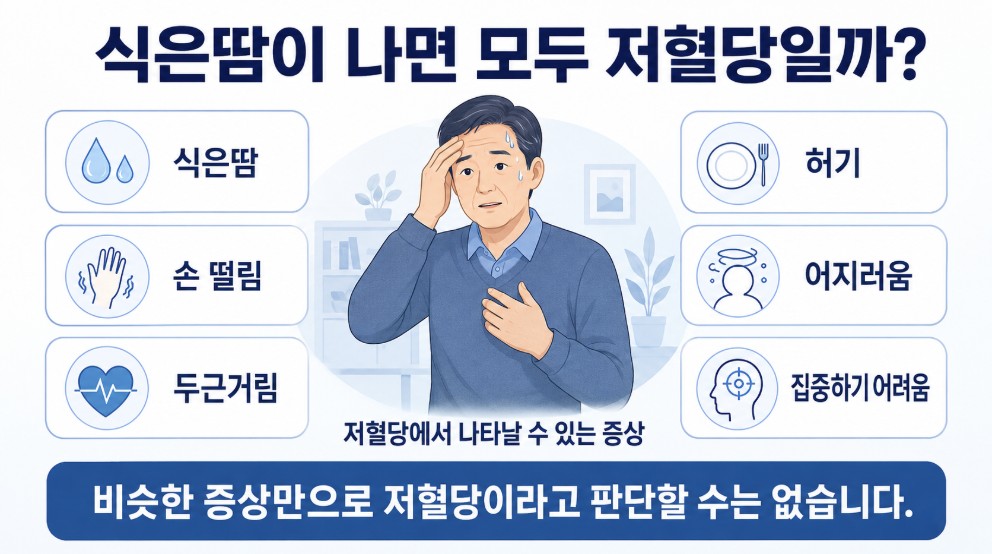 저혈당에서 식은땀 손 떨림 두근거림 허기 어지러움 등이 나타날 수 있지만 증상만으로 판단할 수 없다는 설명
