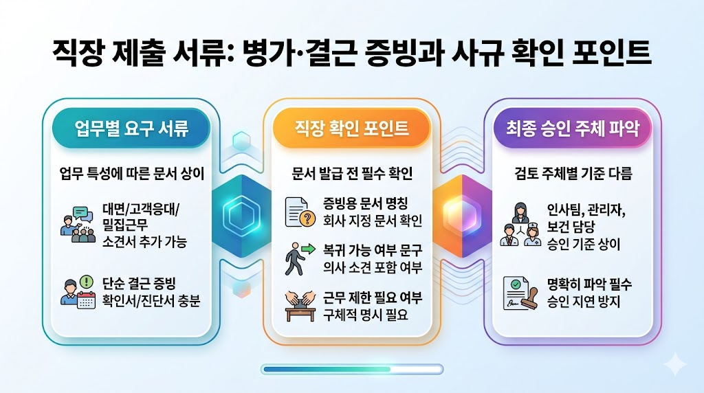 직장 병가&middot;결근 증빙 서류와 승인 기준 및 확인 포인트를 정리한 안내 이미지