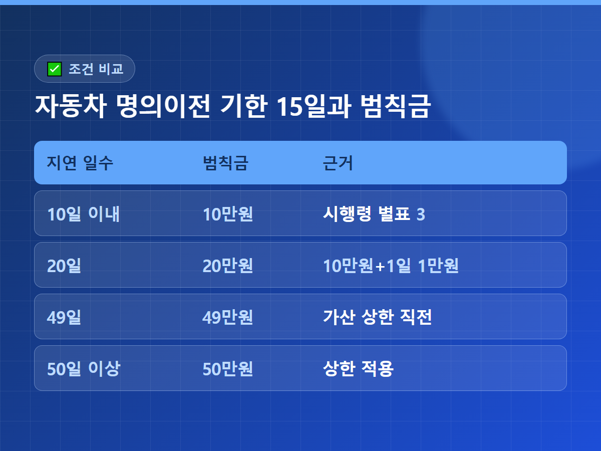 지연 일수별 범칙금을 네 줄로 견준 비교표 이미지 - 10일 이내는 10만원으로 시행령 별표 3이 근거이고, 20일은 20만원으로 10만원에 하루 1만원이 더해진 금액이며, 49일은 49만원으로 가산 상한 직전이고, 50일 이상은 50만원 상한이 적용된다고 적혀 있다