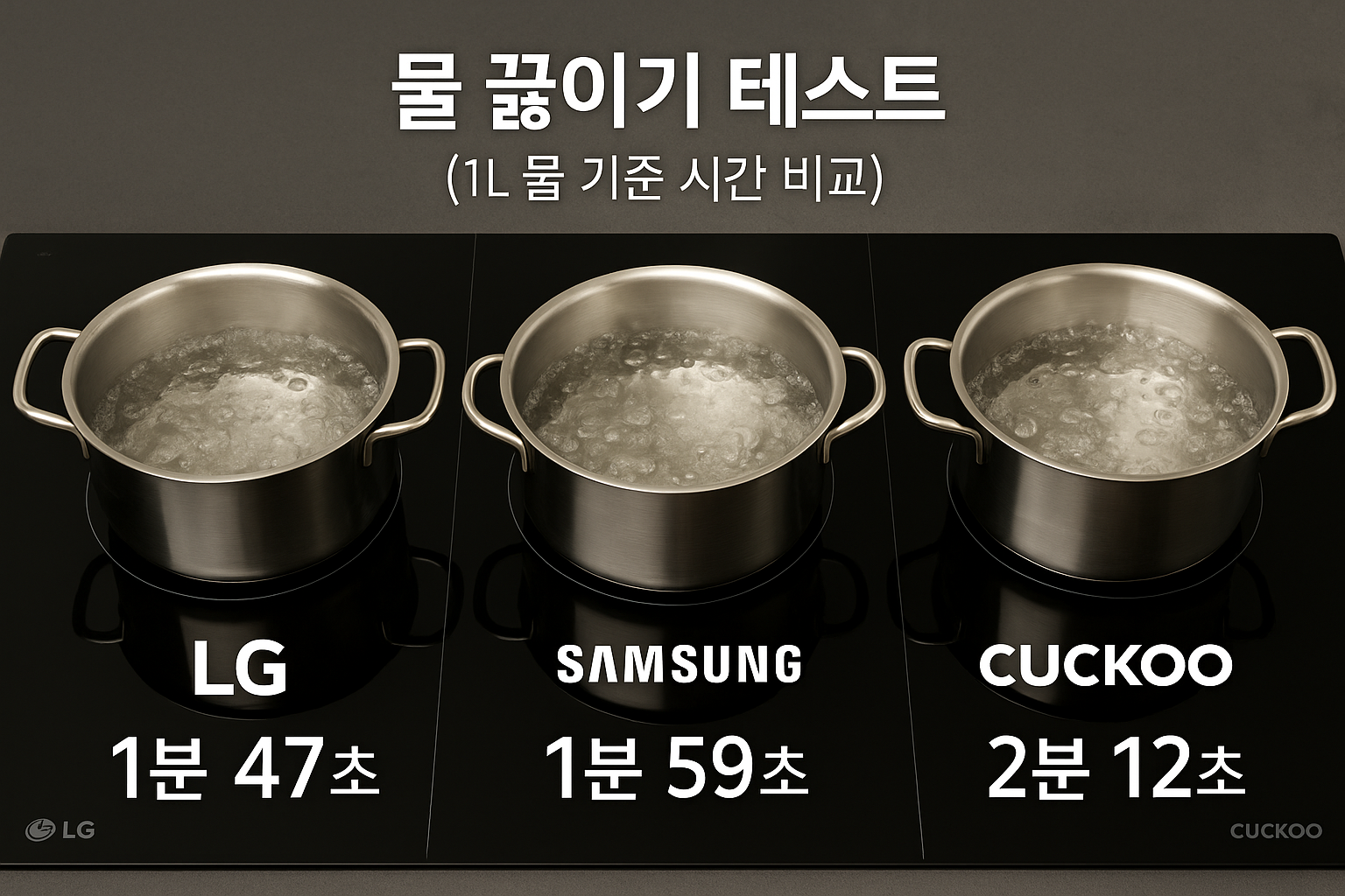 LG, 삼성, 쿠쿠 인덕션의 1L 물 끓이기 테스트 비교 &mdash; LG 1분 47초, 삼성 1분 59초, 쿠쿠 2분 12초로 LG가 가장 빠른 결과를 기록