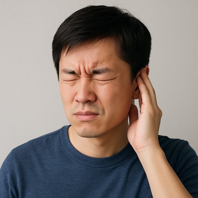 돌발성 난청으로 갑작스럽게 귀를 감싸며 불안한 표정을 짓는 젊은 남성(출처: 자체제작)