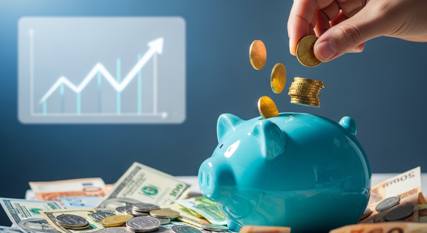 저금통에 동전을 넣으며 미래 자산 형성을 상징하는 손.