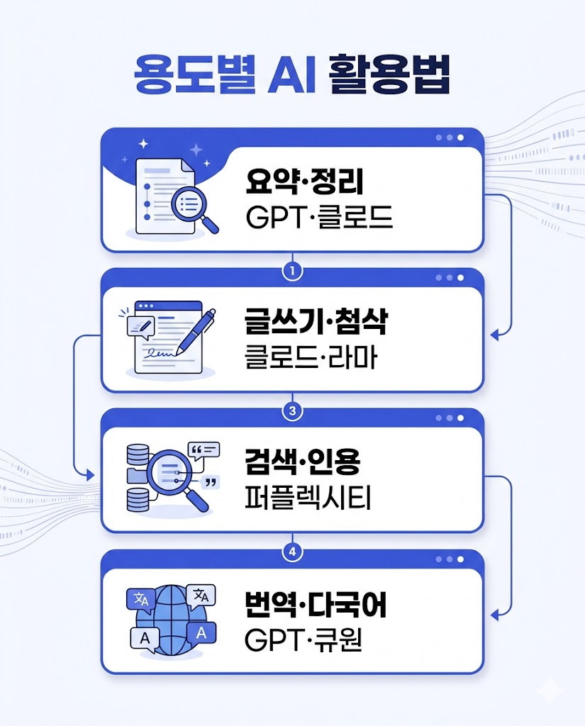 서울런 AI 9종 용도별 활용 요약 글쓰기 검색 번역 인포그래픽