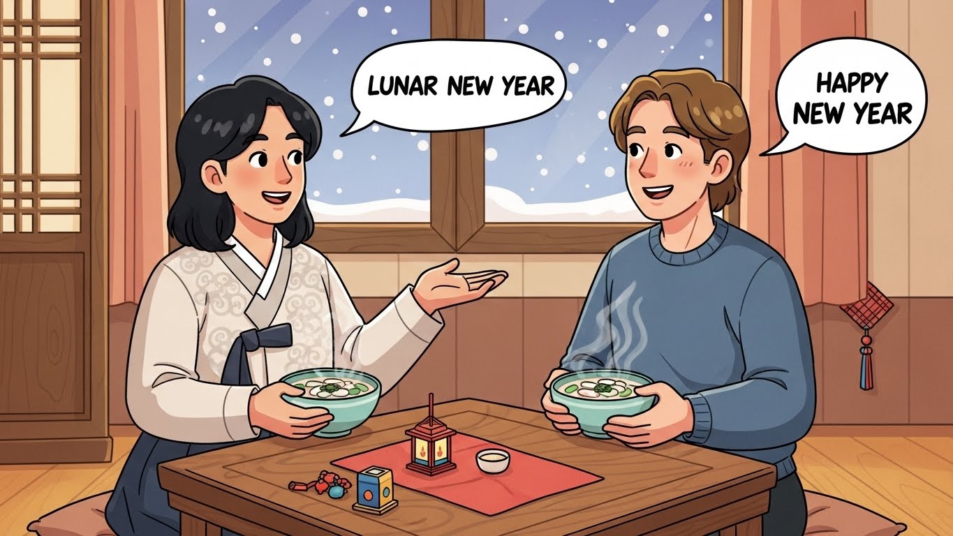 외국인에게 설날과 떡국을 영어로 설명하는 모습