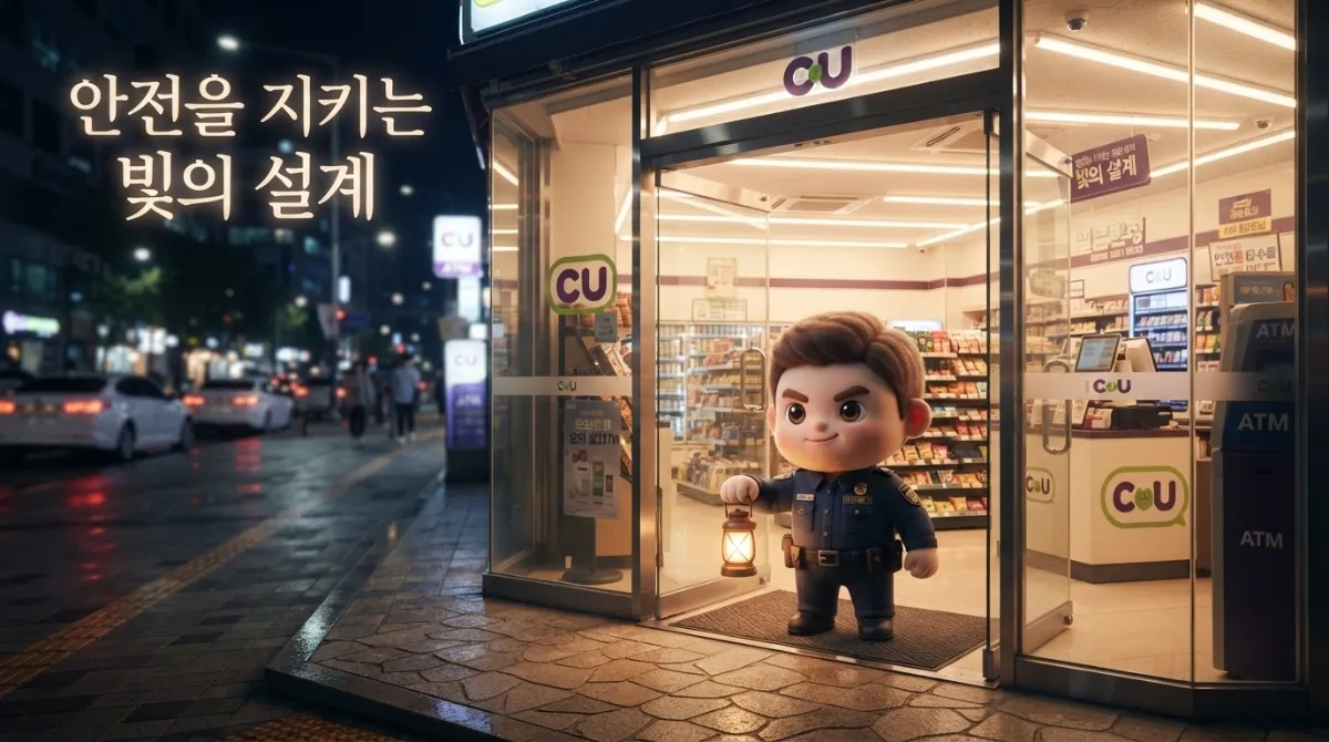밤거리에서 투명 유리 편의점 입구에 작은 미니미 보안관 캐릭터가 랜턴을 들고 서 있는 CPTED 범죄예방 안전 디자인 미니어처 합성 일러스트