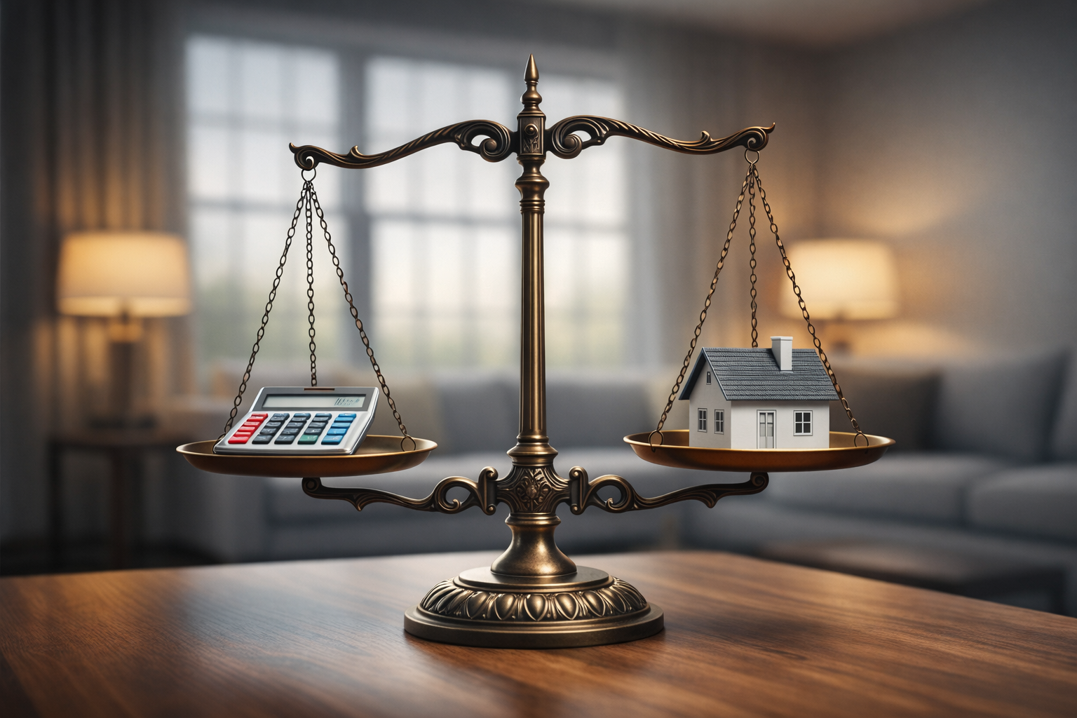 계산기와 집이 저울에 올려져 있다