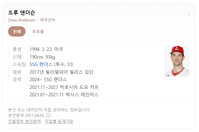 SSG선발투수 드류 앤더슨