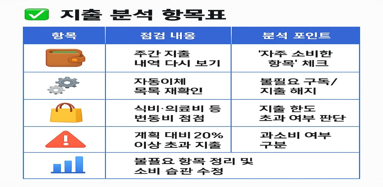 지출 분석 항목을 표로 정리한 인포그래픽으로, 주간 지출, 자동이체, 변동비, 초과 지출, 소비 습관 항목에 대한 점검 내용과 분석 포인트가 명확하게 나열되어 있음.