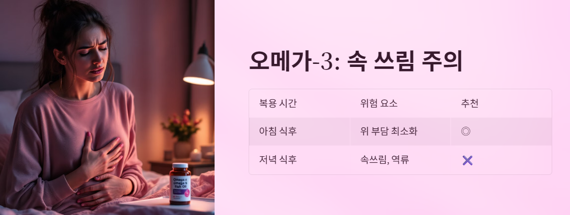 오메가-3: 속 쓰림 유발, 밤엔 피하세요