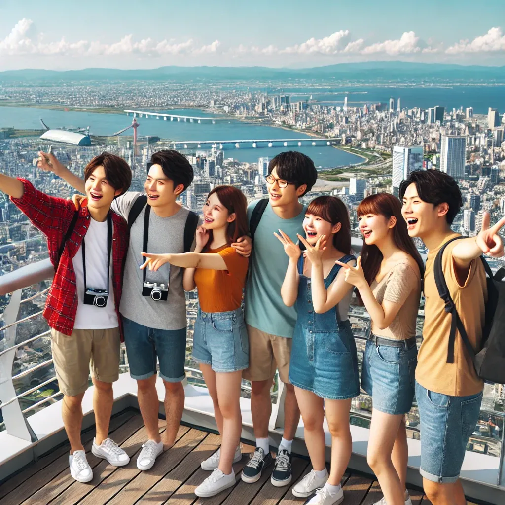 친구들이 후쿠오카 타워 전망대에서 도시 전경을 바라보며 사진을 찍는 모습.